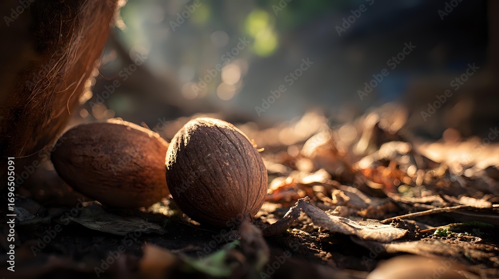 Poster whole coconuts lying on ground covered with dry leaves in natural sunlight with soft bokeh backgroun