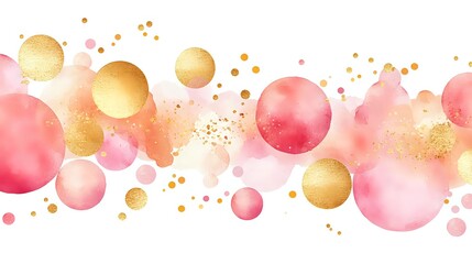 Watercolor coral pink and gold circles create dreamy abstract border pattern with splashes and dots on white background. Seamless horizontal design.