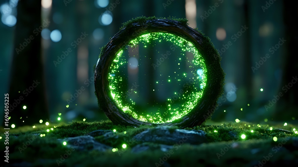 Poster magical glowing green portal ring with sparkles and light particles in dark mystical forest setting,
