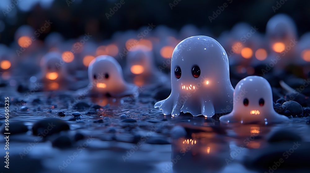 Poster glowing ghost characters on dark wet surface with bokeh lights, creating magical atmospheric scene f