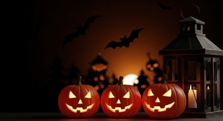 Spooky halloween night scene with jack o lanterns and bats silhouette art