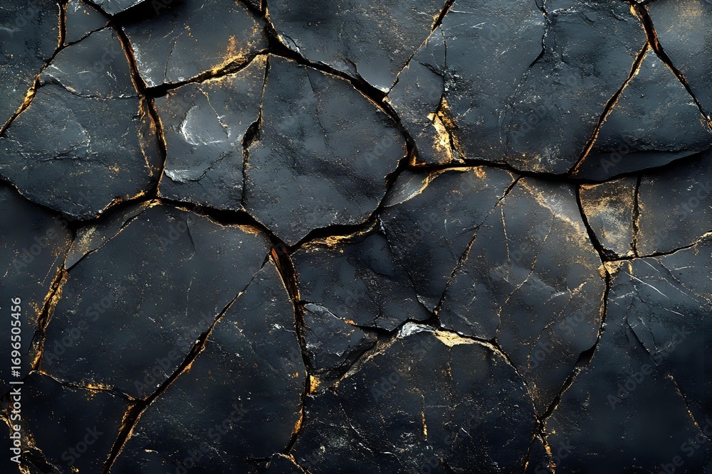 Poster dark cracked stone surface with golden veins running through deep fissures, creating dramatic natura