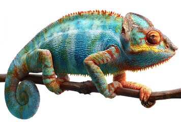 Obraz premium Vividly colored chameleon, perched on branch. Scales blend teal, orange, yellow. Isolated on white. Detailed texture