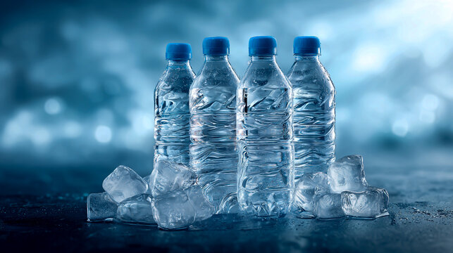 A photograph of four plastic water bottles standing on ice cubes, with a blue background and ample space for text