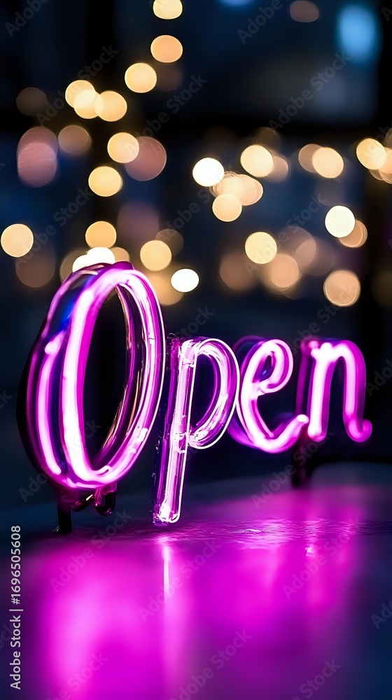 Poster glowing purple neon open sign against dark background with soft bokeh lights, creating vibrant atmos
