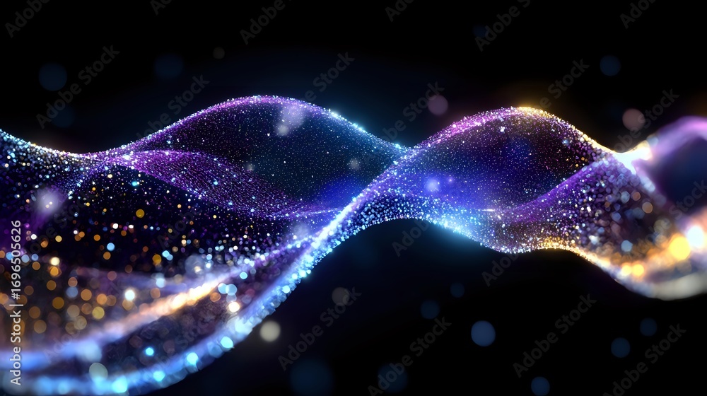 Poster glowing abstract waves with sparkling particles flow in dark space creating magical light effect in 