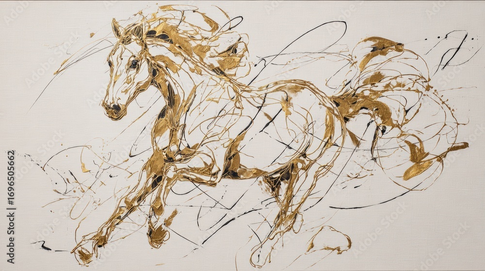 Aufkleber golden horse in continuous ink line with abstract calligraphy on canvas