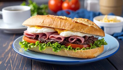 Uruguayan chivito beef steak sandwich with ham, cheese, egg, lettuce, and tomato, styled on a casual caf&eacute; table