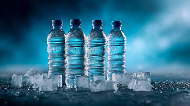 A photograph of four plastic water bottles standing on ice cubes, with a blue background and ample space for text - Powered by Adobe