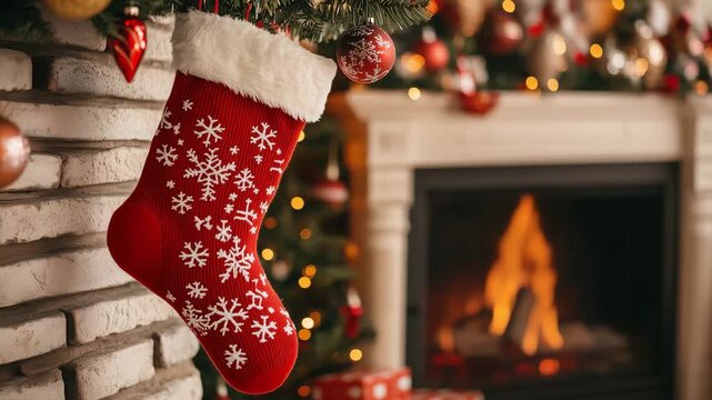 A red Christmas stocking with snowflakes is hung by a cozy fireplace surrounded by festive decorations in a warm living room setting