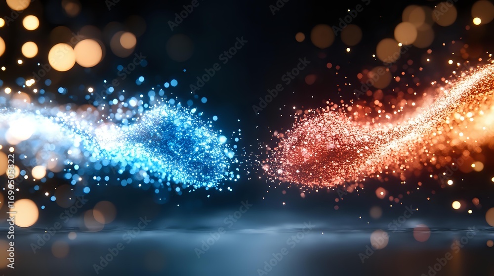 Poster magical glowing particles in blue and orange colors swirling against dark background with bokeh ligh