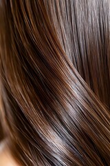 Fototapeta premium Smooth, glossy brown hair strands in close-up view showing natural shine and healthy texture, suitable for beauty and haircare advertising.