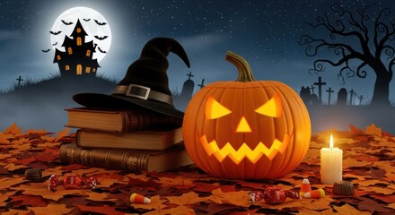 Spooky halloween pumpkin with witch hat and candy on a bed of leaves