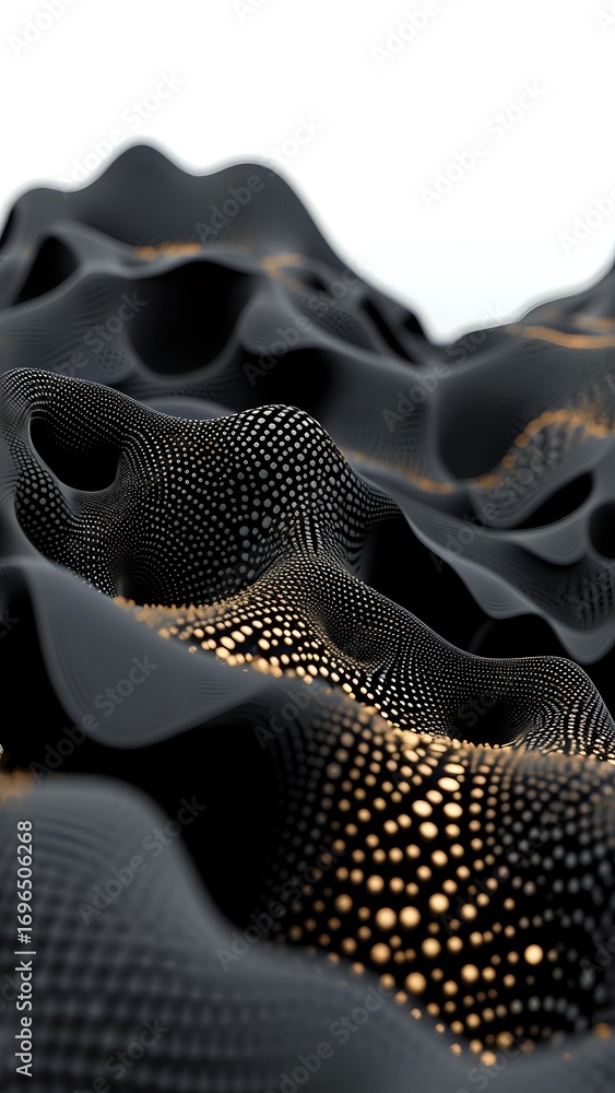 Poster abstract black wavy surface with golden glowing dots creating dynamic topography pattern on dark bac
