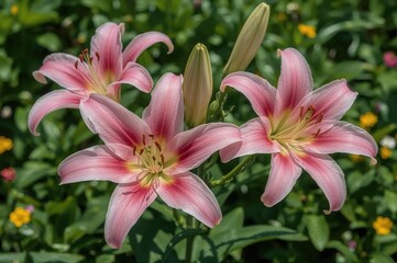 Fototapeta premium Gorgeous Pink Stargazer Lilies Blooming in a Garden Setting