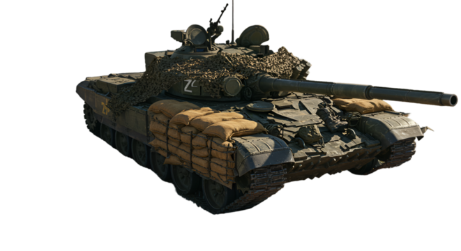 Camouflaged Tank with Sandbags and "Z" Marking