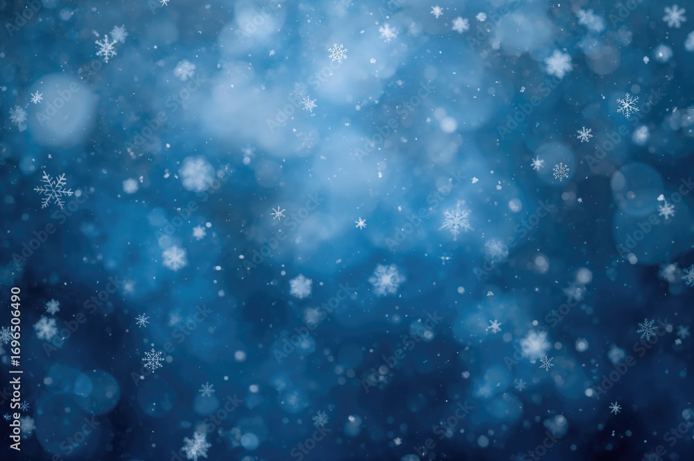 Poster abstract blue bokeh with snowflake patterns and snowfall effect