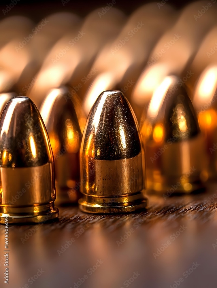 Poster macro shot of ammunition bullets in row with golden warm lighting and shallow depth of field on wood