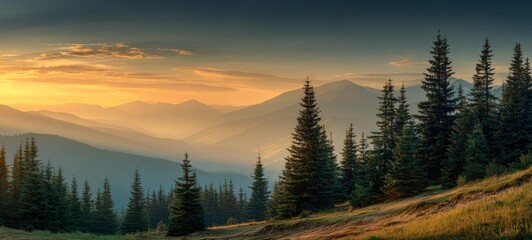 A serene landscape featuring layered mountains, evergreen trees, and a warm golden sunset casting soft light across the misty mountain range