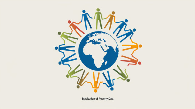 Minimal infographic logo for Eradication of Poverty Day, people holding hands around globe, flat vector style on white