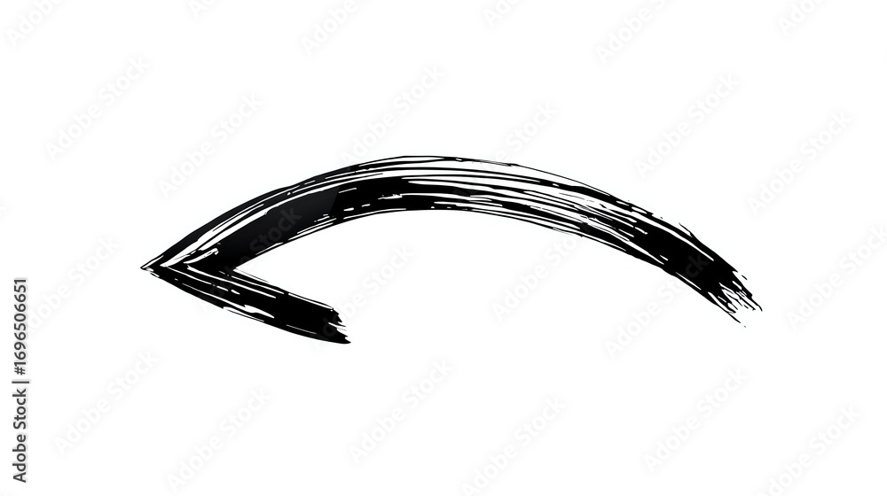 Poster black curved brush stroke on white background, grunge ink calligraphy mark with dynamic movement and