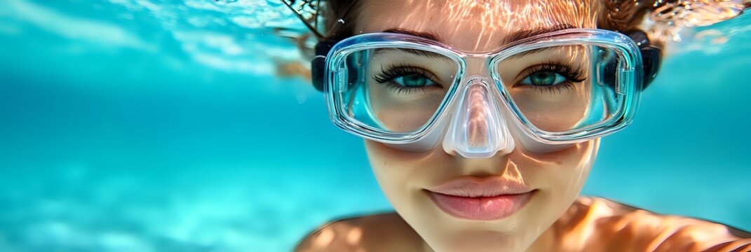Young woman wearing swimming goggles underwater, close up portrait with bright smile showing joy and happiness while swimming in turquoise blue pool water.