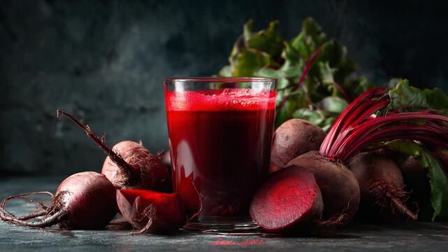 Beetroot Juice Delight: A vibrant glass of freshly made beetroot juice sits surrounded by its raw ingredients.