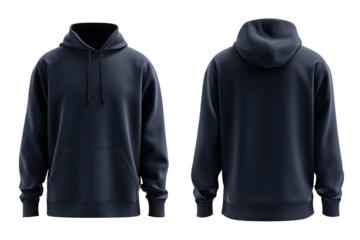 Dark navy blue hoodie, front and back views