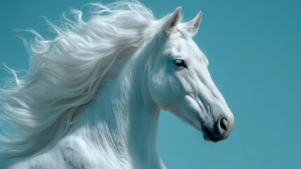 Obraz premium Majestic White Stallion with Flowing Mane on Sky Blue Background
