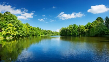 Fototapeta premium lush green trees surround a body of water topped by a clear blue sky with wispy white clouds