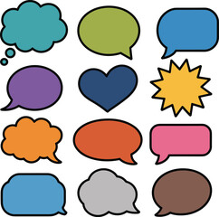 Colorful speech bubbles, thought clouds, comic style shapes, vector icons, heart, starburst, for chat, message, communication, sticker design