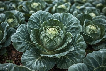 Fototapeta premium Cabbage of the Brussels sprout variety growing outdoors