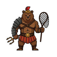 A brown bear gladiator helmeted armored and holding a trident and net It has a red skirt