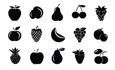 Collection of Fruit Silhouettes Including Apples Peaches Pears Cherries Raspberries Strawberries Bananas Grapes and More