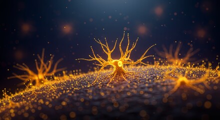 Golden Neuron Sparkling in Space - Bioluminescent Brain Cell AI-Generated for Science Books, Medical Presentations