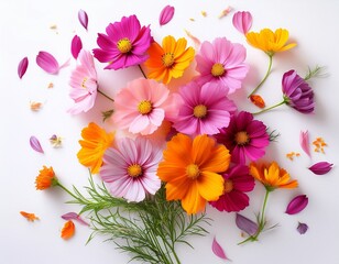 a vibrant bouquet of pink purple yellow and orange cosmos flowers with green stems and scattered petals on a white background