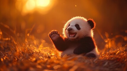 Adorable panda cub playing joyfully in golden sunlight amidst dry grass