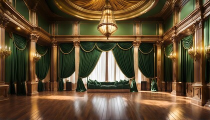 a vintage inspired stage with dark oak flooring and soft amber lighting the curtains are deep green with gold trim