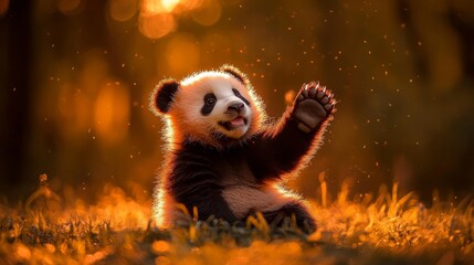 Adorable panda cub sitting on grass with a playful expression, surrounded by warm golden light.