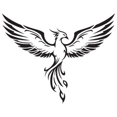 Stylized Phoenix Bird Flying with Spread Wings in Black and White