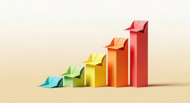 A colorful bar graph made of stacked paper, showing upward growth with red, orange, yellow, green, and blue bars on a light background