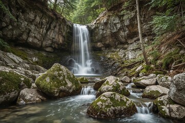 Fototapeta premium A tiny waterfall tumbling over rugged rocks surrounded by dense woodland, with clear water running over mossy boulders in a natural setting.