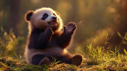 Adorable baby panda sitting on mossy ground in a sunlit forest