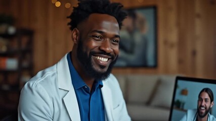 Two smiling doctors connecting through a laptop video call for medical collaboration - Powered by Adobe