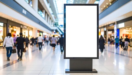 Blank billboard in a bustling shopping mall, showcasing a modern retail setting.