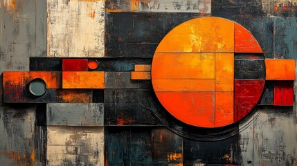 Abstract Artwork Featuring a Central Orange Circle and Geometric Shapes