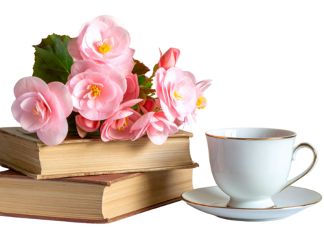 Pink Begonia Flowers with Vintage Books and Teacup