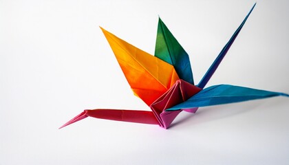 multicolored origami crane gracefully soaring representing peace art and creativity with white background