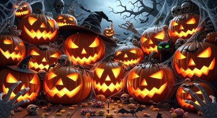 Spooky halloween scene with glowing jack o lanterns and black cat lurking