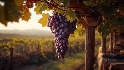 Fototapeta premium Cluster of grapes in a lush vineyard landscape